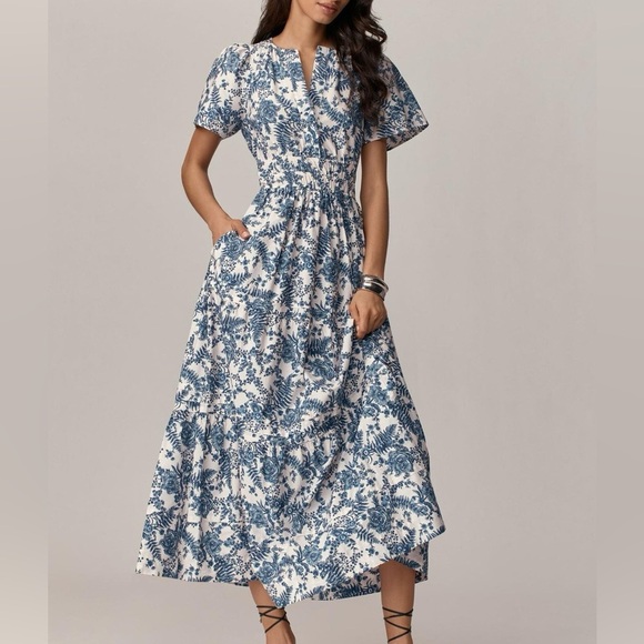 Anthropologie Dresses & Skirts - Anthropologie Maeve Blue and White Floral Somerset Short-Sleeve Maxi Dress
